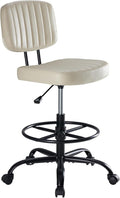 DUMOS Armless Drafting Chair, Low Back Office Seat with Adjustable Footrest Ring for Standing Desk, Ergonomic PU Leather Office Seating, Swivel Rolling High Stool for Studio, Lab, Counter, Beige