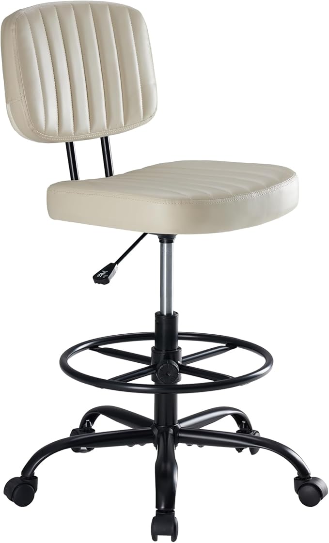 DUMOS Armless Drafting Chair, Low Back Office Seat with Adjustable Footrest Ring for Standing Desk, Ergonomic PU Leather Office Seating, Swivel Rolling High Stool for Studio, Lab, Counter, Beige
