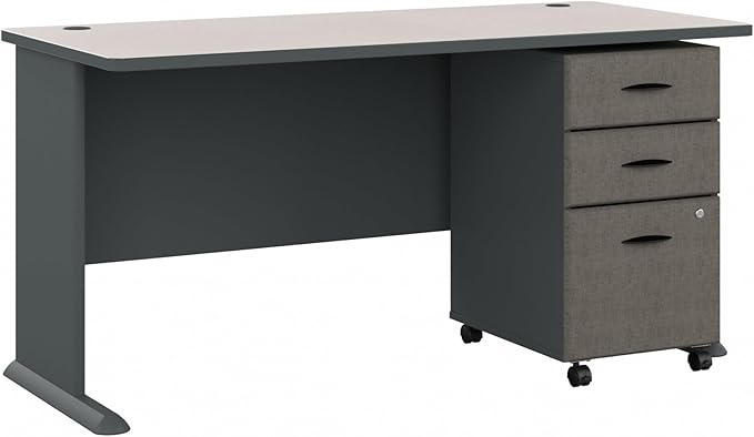 Bush Business Furniture Series A 60W Desk with Mobile File Cabinet in Slate and White Spectrum