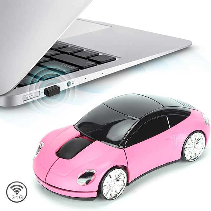 ASHATA 2.4GHz Wireless Gaming Mouse, 3D Sport Car Shape Ergonomic USB Mouse Mice for PC Laptop Computer, Pink (No Bluetooth)