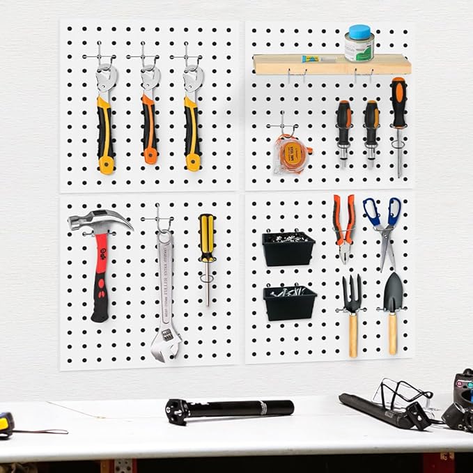 8Pcs Pegboard, Peg Board, Metal Pegboard Wall Organizer Panels Accessories, Mount Display Pegboard Kits for Walls Garage Craft Room Office Workshop, Easy Installation (White)