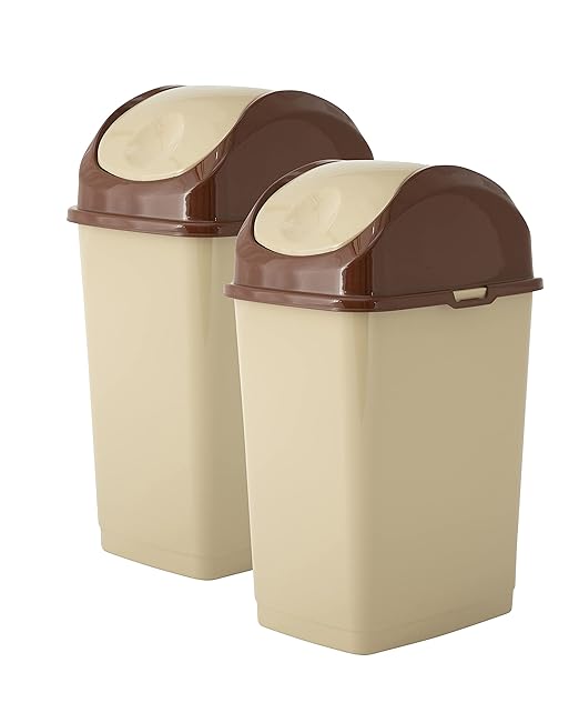 Superio Kitchen Trash Can with Swing Top Lid 9 Gallon Slim Waste Bin 37 Qt Sturdy Plastic Garbage Can Medium Recycling Bin for Office, Bathroom, Under Counter, Dorm, Bedroom (Beige/Brown-2 Pack)