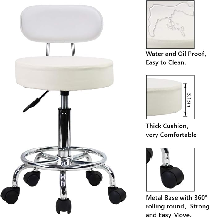 KKTONER PU Leather Rolling Stool Mid-Back with Footrest Height Adjustable Office Computer Home Drafting Swivel Task Chair with Wheels (White)