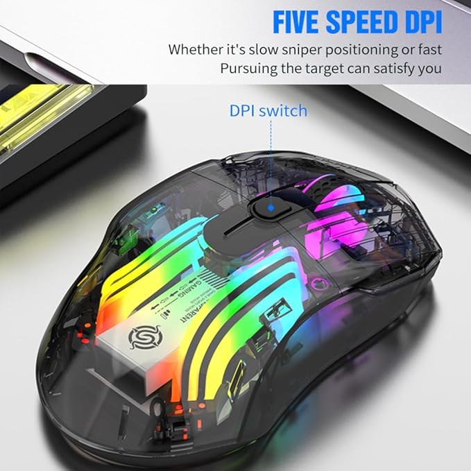 Docooler Wireless Gaming Mice with Transparent Crystal Shell, Tri-Modes(USB Wired+2.4G Wireless+Bluetooth), 3600DPI Adjustable E-Sports Mice, RGB Slient Mouse with Ergonomics Design - White/Black