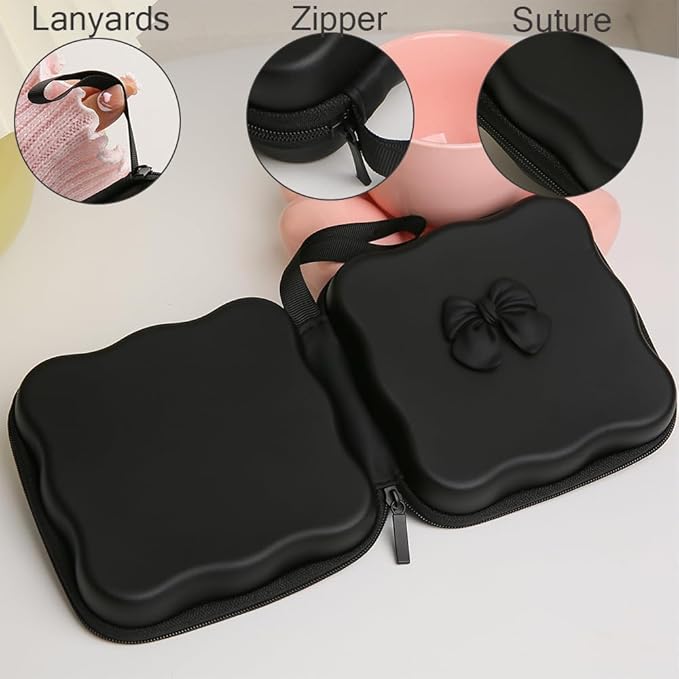 Charger Cover Storage Bag, Cute 3D Bow Tie Waves Design Charger Protector Travel Storage Case, Earphone Wire Saver Cable Cord Organizer Wireless Earphone Storage Box, Black Bow