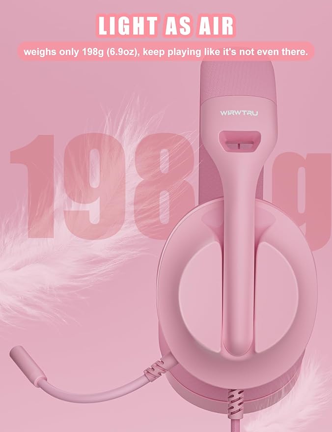 WIRWTRU S30 Gaming Headset with Microphone,198g Lightweight Design, Wired Gaming Headphones for Xbox, Xbox Series X|S, PS5, PS4, Switch, PC, Noise Cancelling Mic, Soft Earmuffs (Pink)