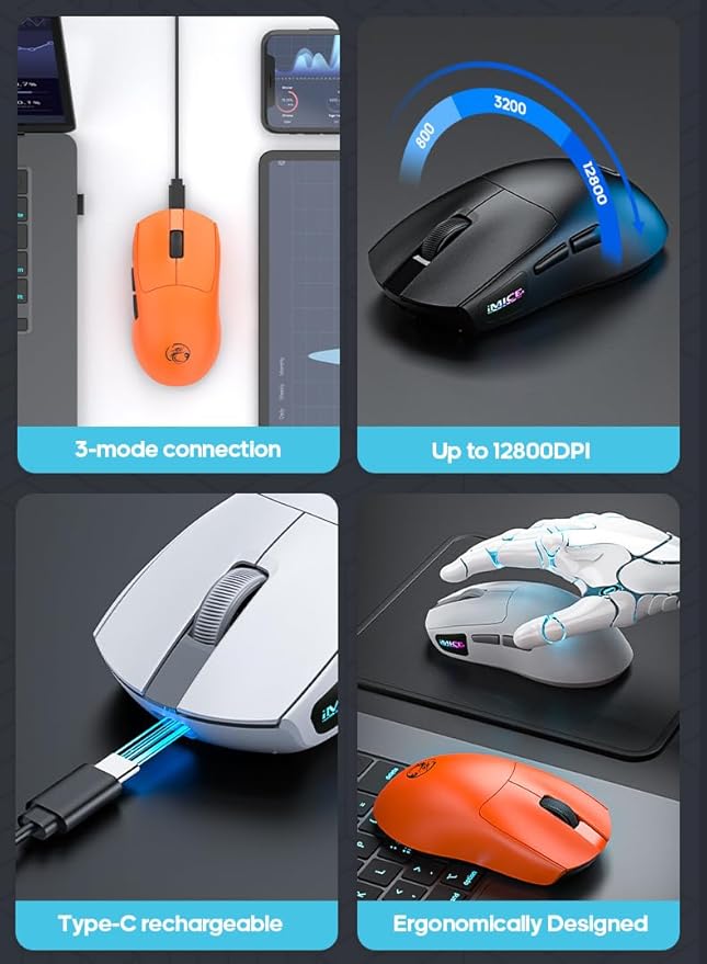 Maine Charging 3-Mode Wireless Gaming Mouse with 12800 DPI. Lightweight Design. Factory Wholesale Sales. (Black, 100PACK)