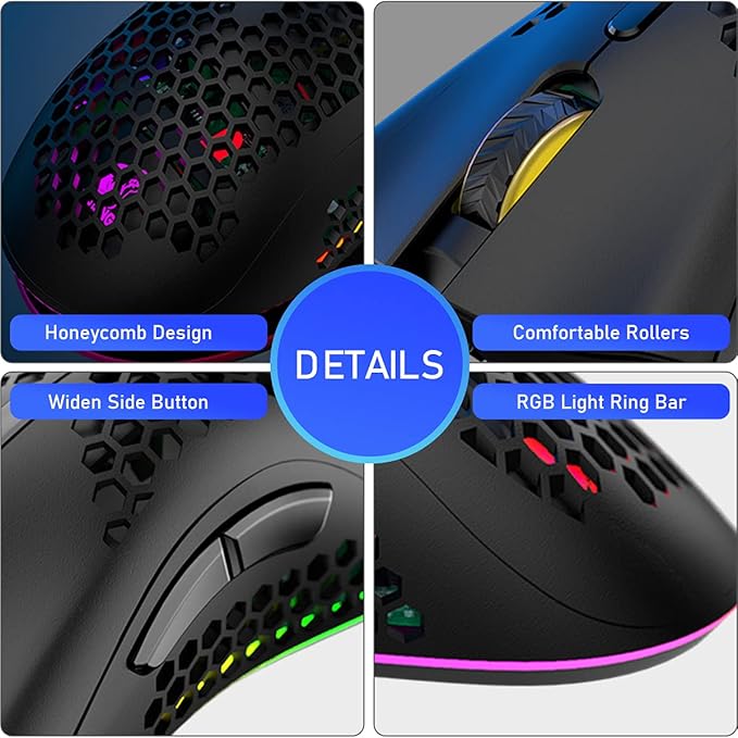 Wireless Lightweight Gaming Mouse Honeycomb with 7 Button Multi RGB Backlit Perforated Ergonomic Shell Optical Sensor Adjustable DPI Rechargeable 800 mAh Battery USB Receiver for PC Mac Gamer(Black)