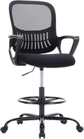 DUMOS Drafting Chair - Counter Height Adjustable Tall Office Desk Chair with Fixed Armrests and Comfortable Lumbar Support for Standing Desk, Deep Black