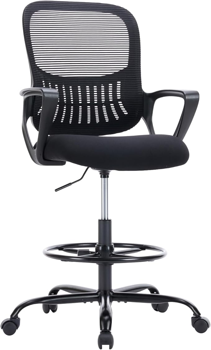 DUMOS Drafting Chair - Counter Height Adjustable Tall Office Desk Chair with Fixed Armrests and Comfortable Lumbar Support for Standing Desk, Deep Black