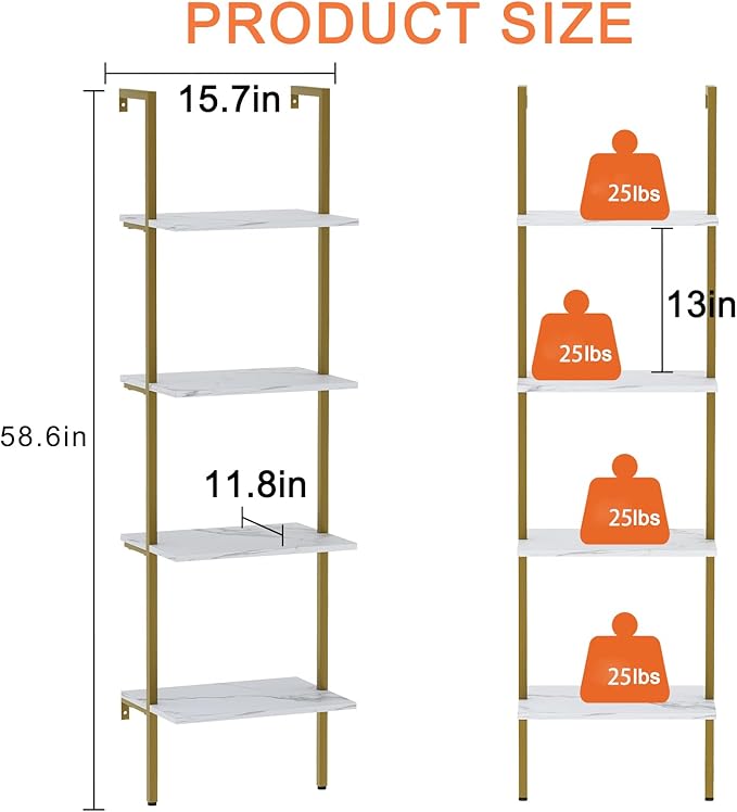 Wolawu Ladder Shelf 4 Tiers Metal Industrial Bookshelf,White Marble Wood Tall Open Storage Rack and Display Shelves,Wall Mount Wide Book Case for Home Office Bedroom,Small