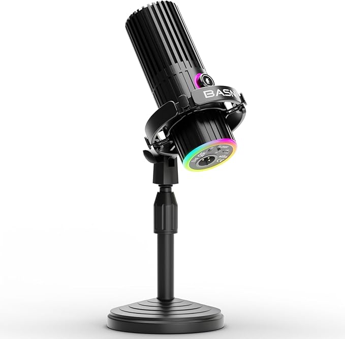 BASN USB/XLR Dynamic Microphone for Podcast, Live Streaming, Gaming Recording with RGB Mute Button, Headphone Monitoring and MIC Stand (SL2000) Black