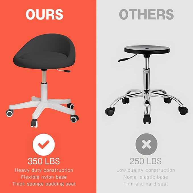 Swivel Rolling Stool with Wheels, Height Adjustable PU Leather Drafting Chair, Round Seat for Salon, Spa, Tattoo, Office, Home Use Black Set of 1