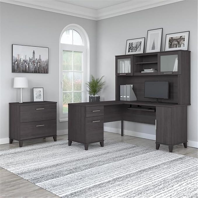 Scranton & Co Furniture Somerset 60W L-Shaped Desk w/Hutch & Cabinet, Gray Finish, Wood Office Set, Frosted Glass Doors, Storage Drawers, Keyboard Tray, Home Office Furniture