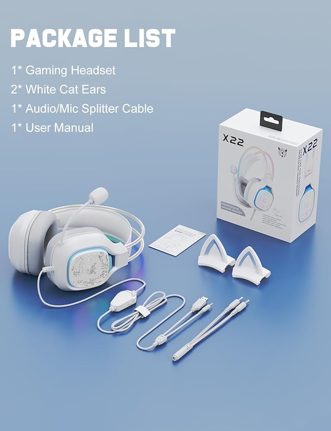 Gaming Headset with Microphone, RGB Lights, Detachable Cat Ear, Lightweight Over-Ear Headphones with Adjustable Headband for PC, PS4, PS5, Mac, Switch, Surround Sound, in-Line Control, White
