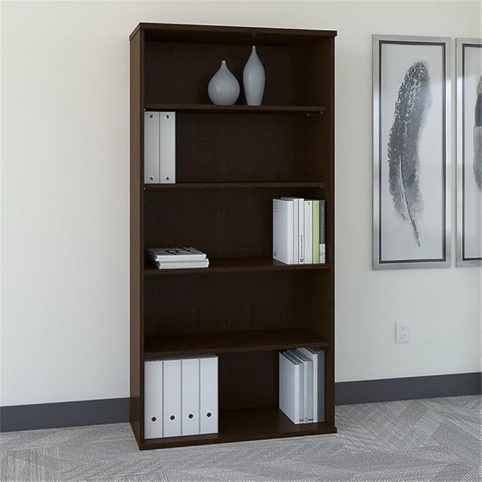 Pemberly Row Set of 2 Wood 5-Shelf Bookcase & L-Shaped Desk with File Cabinet