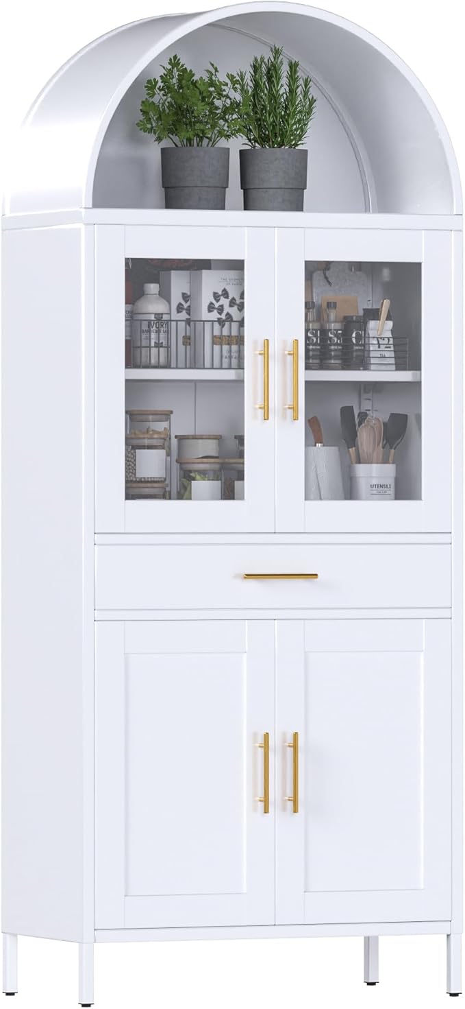 Aobabo Metal Arched Storage Display Cabinet, Kitchen Pantry Storage Cabinet with Drawer, 73'' H Bookcase with Glass Door for Living Room, Office, Assembly Required, White