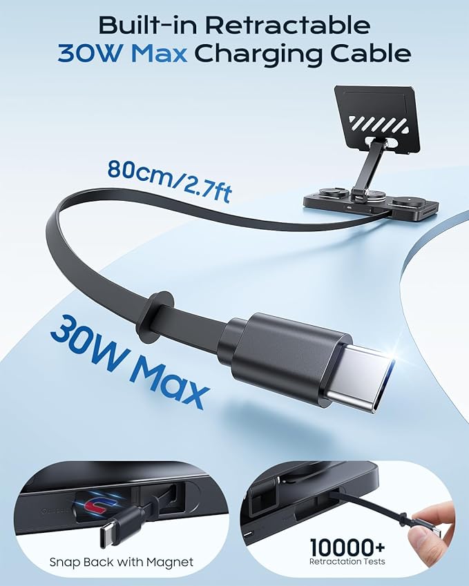 5 in 1 Charging Station for Apple Multiple Devices &65W Adapter, 30W Max Bulit-in Retractable Cable Fast Wired Charging Stand for iPad/Tab, Foldable Magnetic Wireless Charger for iPhone 17/iWatch/Buds