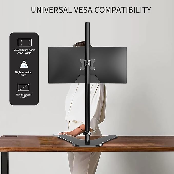Single Tall Monitor Mount, Extra Long Computer Stand with 47 inch Pole, Floor Computer Stand, Free-Standing Monitor Desk Mount Support 13 to 27 inch Screen,22lbs