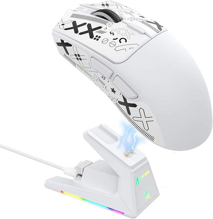 ATTACK SHARK X1 Ultralight Wireless Gaming Mouse with Magnetic RGB Charging Dock,Anti Slip Grip Tape,PixArt PAW3395 Pro Sensor,40000DPI,BT/2.4Ghz/Wired,Optical Computer Mouse for PC Mac Gamer(White)