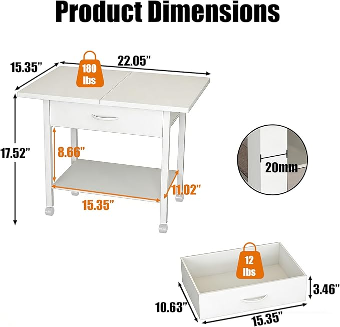 22" x 15" Under Desk Rolling Printer Stand, 2-Tier Industrial Mobile Printer Table with Strong Fabric Drawer, Storage Shelf, Steel Frame and Lockable Wheels, Printer Cart for Home Office (White)