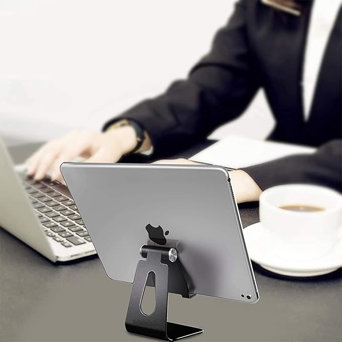 Cell Phone & Tablet Stand Adjustable Multi‑Angle Aluminum Phone & Tablet Stand Non‑Slip Dock/Cradle/Charging Station for Desktop, Bed, Kitchen, Office (Black)