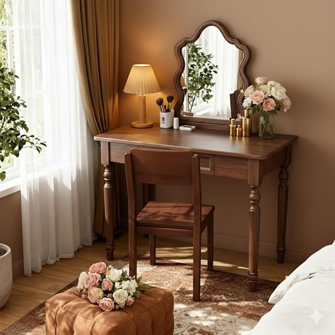 31.5in Country Desk and Chair Set, Home Office Computer Desk with Ergonomic Office Chair, Wooden Writing Desk Study Table, for Bedroom, Office or Student Workstation(Walnut,31.5'' x 23.6'' x 29.5'')