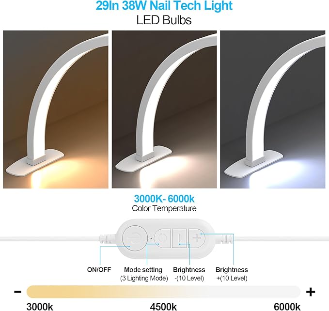 Kadden Foldable Large Half Moon LED Light,29" Arch Light for Table Nail Desk with Phone Stand, Upgrade Arch Light for Nail Techs with Wire Controller for Manicure Tattoo Beauty (White, Large)