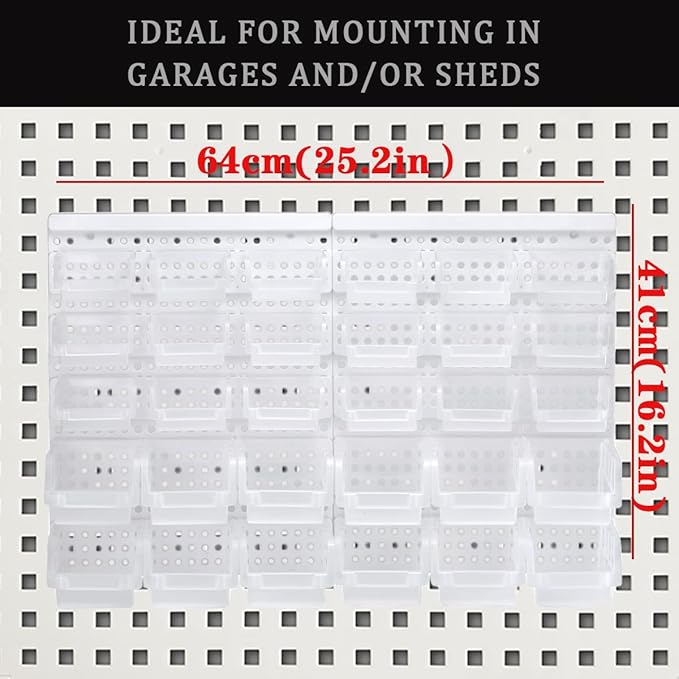 Transparent Garage Organizer Bins, 30PCS Wall Mounted Storage Small Parts Bins With White Pegboard to Store Nuts,Bolts, Screws, Nails