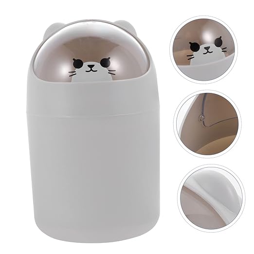 Healifty Cute Bear Desktop Trash Can Lid Mini Plastic Garbage Bin for Office and Bedroom Slim Waste Container for Table Cartoon Themed Small Trash Can