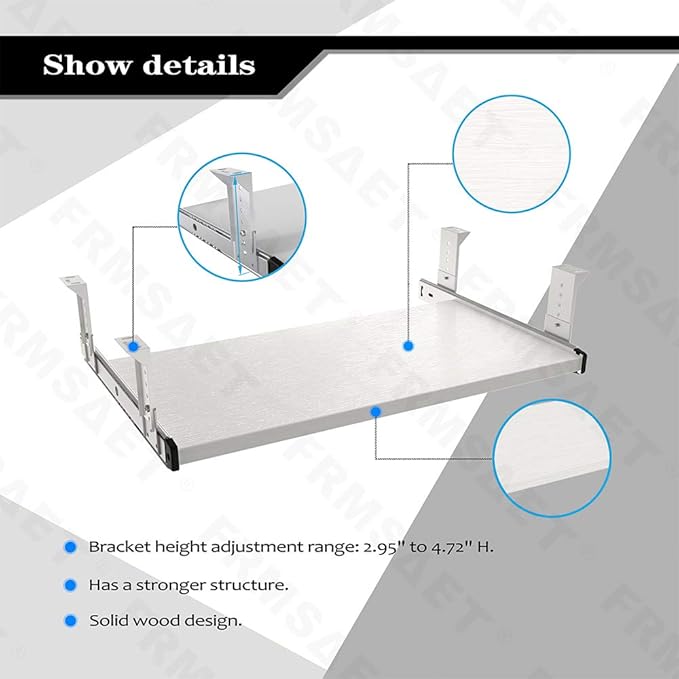 FRMSAET Furniture Accessories Office Product Suits Hardware 20/24/30 inches Keyboard Drawer Tray Wood Holder Under Desk Adjustable Height Platform. (20 inches, White)