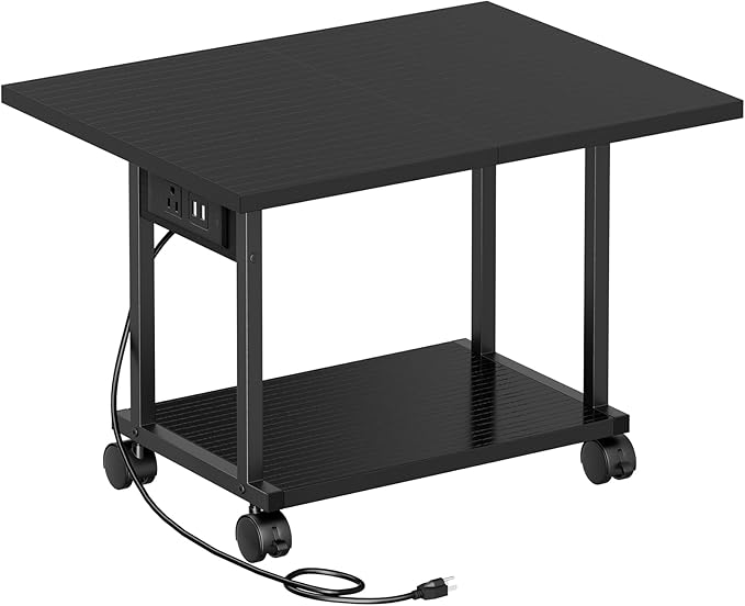 Asgolion Printer Table, 2-Tier Under Desk Printer Stand with Charging Station, Printer Stand with Wheels, PrinterShelf for Small Spaces, Printer Cart for Home Office Black