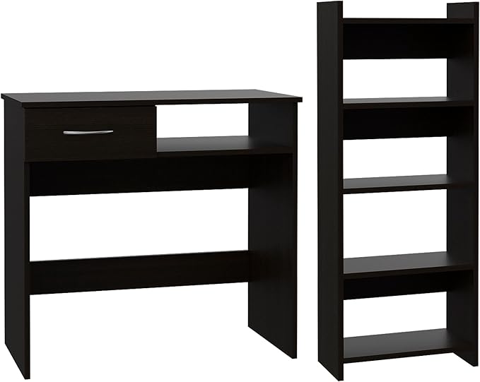 Penau Home Office Set with Single Drawer, Keyboard Tray, Black Bookcase with 5 Shelves, Modern Compact Design