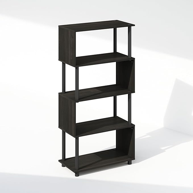 Furinno Reed Book Shelf, 5-Tier Bookshelf with Open Shelf, Geometric Bookcase with S-Shaped Frame, 11.8 x 23.6 x 48, for Living Room, Bedroom, Home Office, Espresso