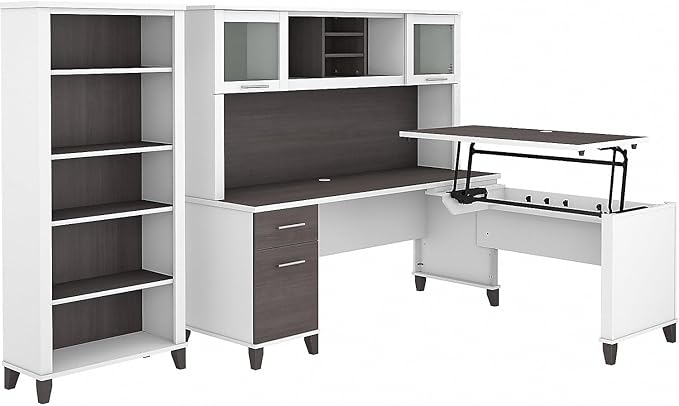 Bush Furniture Somerset 72W 3 Position Sit to Stand L Shaped Desk with Hutch and Bookcase in White and Storm Gray