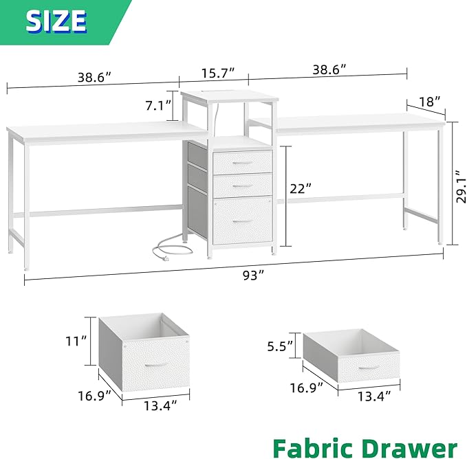 GYIIYUO 93'' Two Person Desk with Charging Station, Long Desk with 3 Drawers and Printer Shelf, Double Computer Desk, 2 Person Writing Study Table Workstation for Home Office, White