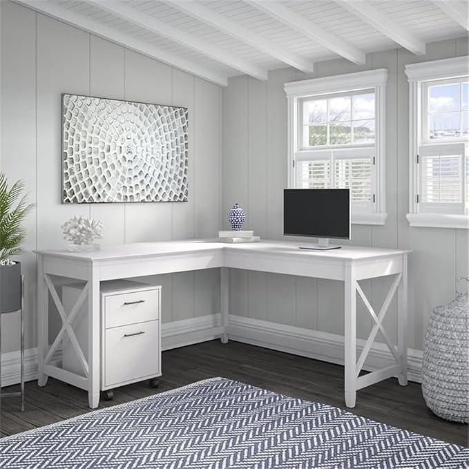 Bush Home Key West 60W L Shaped Desk with 2 Drawer Mobile File Cabinet in Pure White Oak