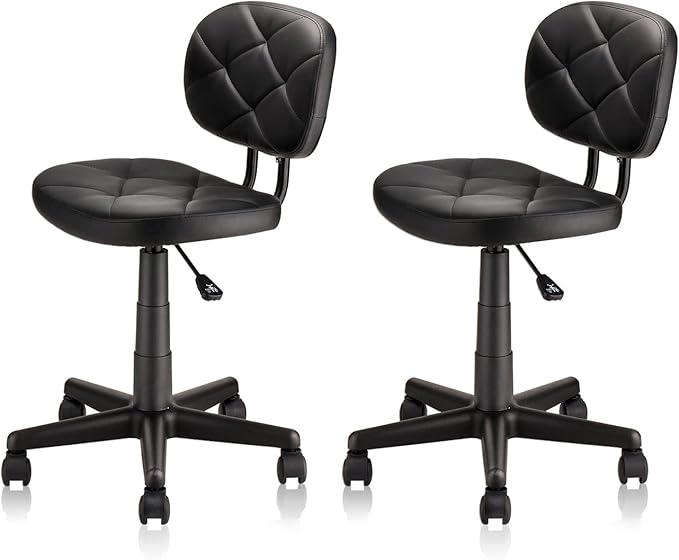 KLASIKA PU Leather Rolling Stool with Back and Wheels, Adjustable Diamond Upholstered Drafting Stool, Multi-Purpose Desk Chair for Home Office Bar Kitchen Shop, Black (2PK)
