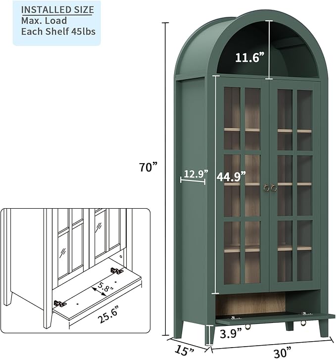 Tall Arched Cabinet, Modern Farmhouse Wooden Display Cabinet with Glass Doors, 70" 6 Tier Bookshelf w/Adjustable Shelves for Living Room, Office, Green