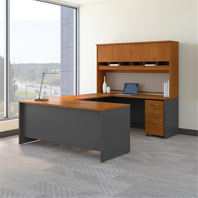 UrbanPro U-Shaped Desk with Hutch and Storage, 72W, Engineered Wood, Natural Cherry Finish, Includes 3 Drawer Mobile File Cabinet, 4 Door Hutch with Fabric Tack Board, Home Office Workstation