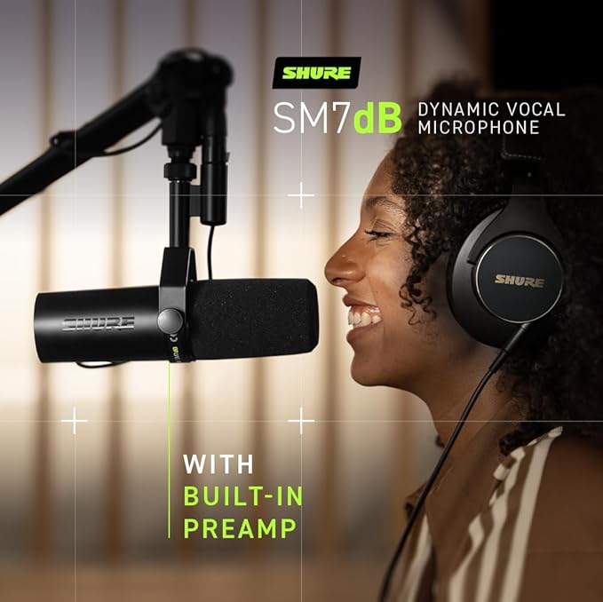 Shure SM7dB Dynamic Vocal Microphone with Built-in Preamp – Studio Mic for Streaming, Podcasting, and Recording – Smooth Sound, Wide Frequency Range, Rugged Build, Windscreen Included, XLR, Black