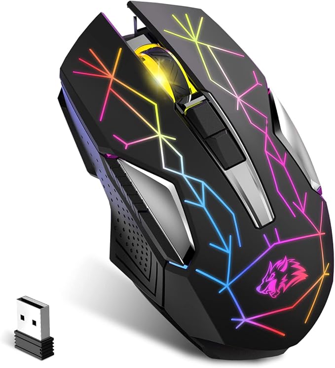 FELICON Wireless Gaming Mouse, Rechargeable Silent Click Adjustable DPI Optical Computer Mice, 2.4Ghz Wireless Mouse with Colorful LED Backlit for Windows/Mac/Linux/PC/Laptop(Star Black)