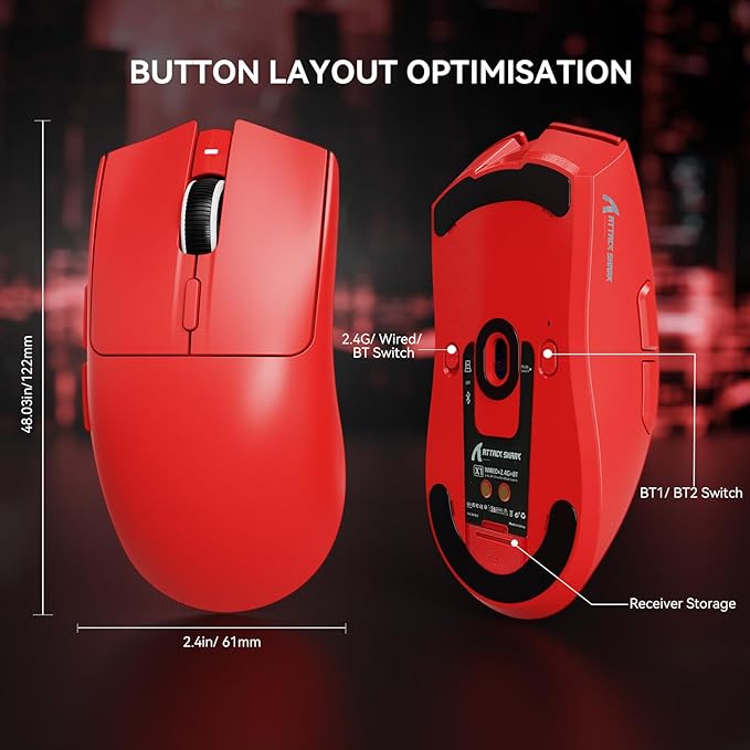 ATTACK SHARK X1 Wireless Gaming Mouse with RGB Charging Dock, PAW3395 PRO Sensor Up to 40K DPI,53g Ultra Light Tri-Mode Computer Mice,1KHz Polling Rate 5 Programmable Buttons for WIN/MAC-Red