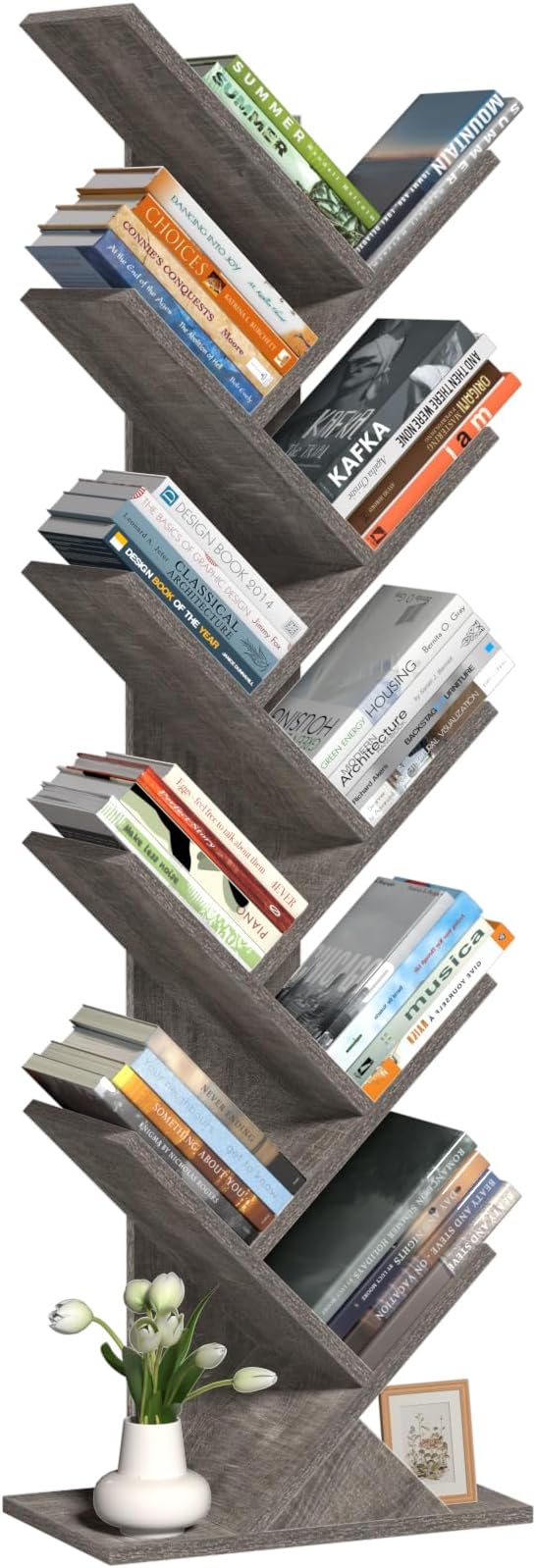 SHEEPAM 10 Tier Tree Book Shelf, Floor Standing Wood Bookshelf for Narrow Space, Storage Organizer Bookshelves for Books/CDs/Magazine, Bookcase with Shelves for Home Office, Living Room - Light Grey
