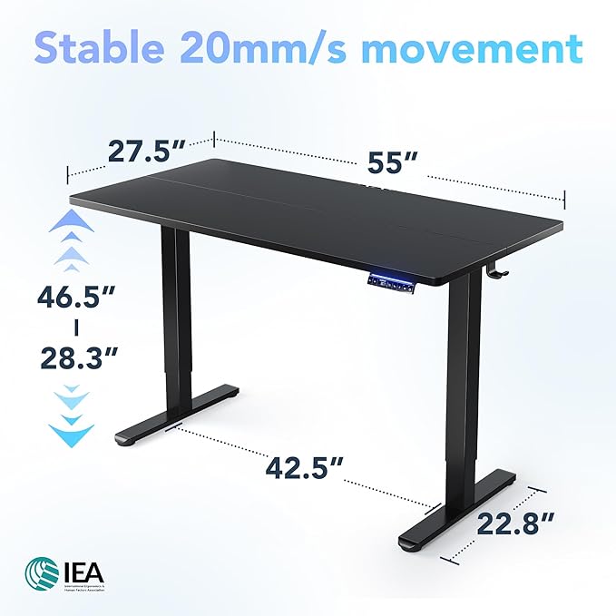 HUANUO 55" AI Smart Standing Desk with App-Synced Sedentary Reminders, Electric Height Adjustable Desk with Body-Data Ergonomic Presets, Voice Control Alexa/Google/Siri, 3 Memory Settings Table, Black
