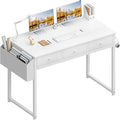 Lufeiya Small White Computer Desk with Drawers for Home Office Bedroom, 40 Inch Vanity Desk with Fabric Drawer Storage and Side Pouch, Study Writing Table, White