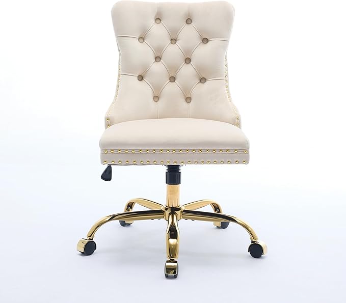 Goujxcy Desk Chair, Modern Velvet Upholstered Tufted Button Home Office Chair, 360° Swivel Armless Desk Chairs, 120°Rocking Ergonomic Computer Task Vanity Chairs, Beige & Gold