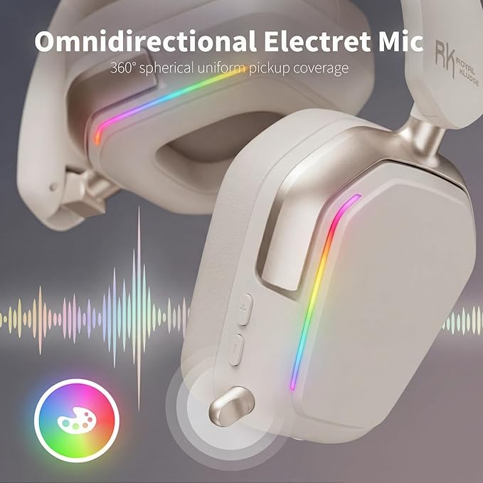 RK Royal Kludge HG101 Wireless Gaming Headset, 7.1 Surround Sound, Stereo Wired Headphones with Retractable Mic, Bluetooth5.3, RGB, Memory Foam Ear Pads, Works with PC, PS4, PS5, Switch, Platinum Grey