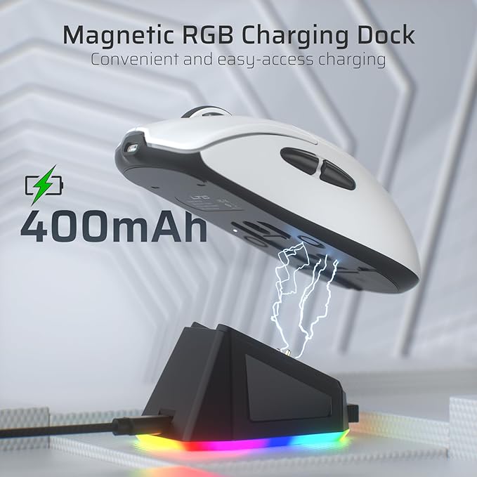 LTC GM022 Ultralight 3-Mode Wireless Gaming Mouse with RGB Charging Dock, PAW3395 26K DPI Sensor, 55G Lightweight Ergonomic Bluetooth Gaming Mouse, 5 Programmable Buttons, 80 Million Click Switch