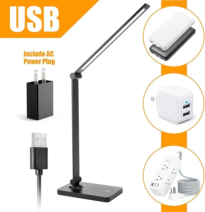 DWEPTU Rechargeable Desk Lamp LED Desk Lamps Eye-Caring Desk Lamps Dimmable Office Lamp with USB Chager Touch Control for Home Office Student Dormitory